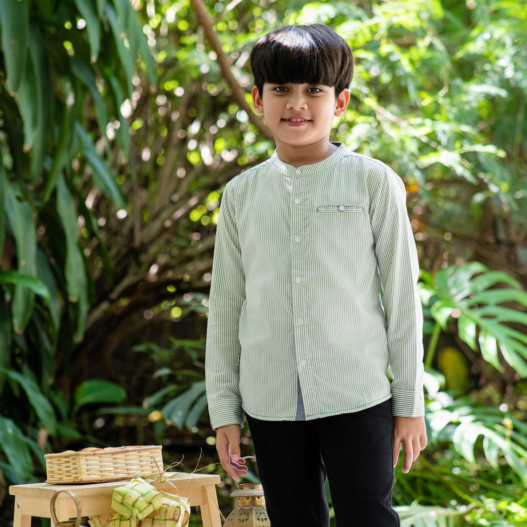 Shirt/ Kemeja Anak Laki Green/ Donald Duck White Striped