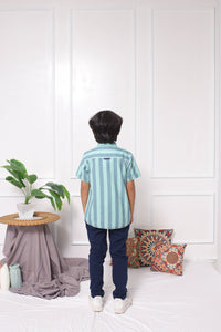 Shirt/ Kemeja Anak Laki Blue Light Green Striped/ Donald Duck Basic